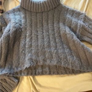 Fluffy Gray Cowl Neck Sweater with Ribbed Details